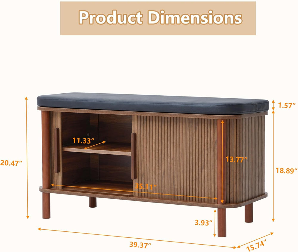 Shoe Bench, Entryway Shoe Cabinet with Leather Cushion and Sliding Door, Mode...