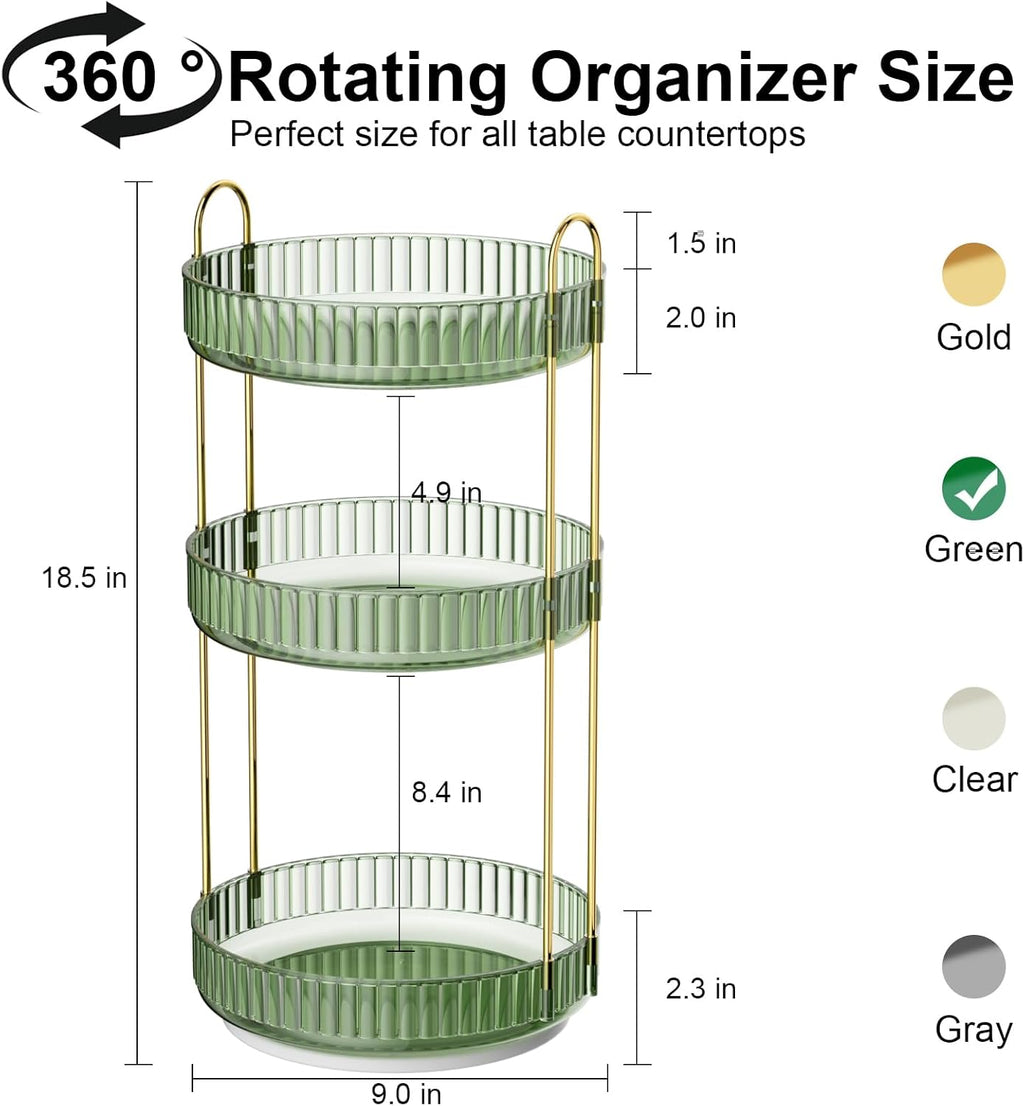 GTI 360°Rotating Makeup Organizer, 3 Tier Large Capacity Perfume Cosmetics Skincare Vanity Organizers,Bathroom Counter Organizer, Dresser Spinning Countertop Organizer and Storage for Women (Green)