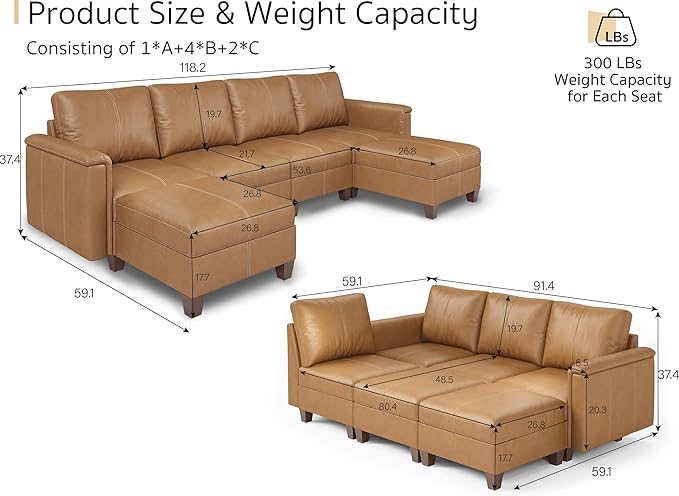 SITJOY 118" Faux Leather Modular Sectional Sofa with Storage, Mid Century Modern Sectional Couches for Living Room, Soft Padded Armrests, 4 Seater U-Shaped Couch with Ottoman, Brown