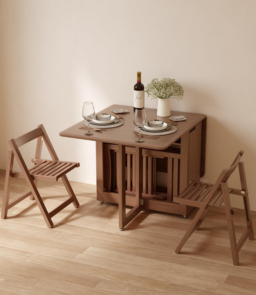 AnywaysWood Folding Dining Table with 4 Foldable Chairs Set, Space Saving Ext...