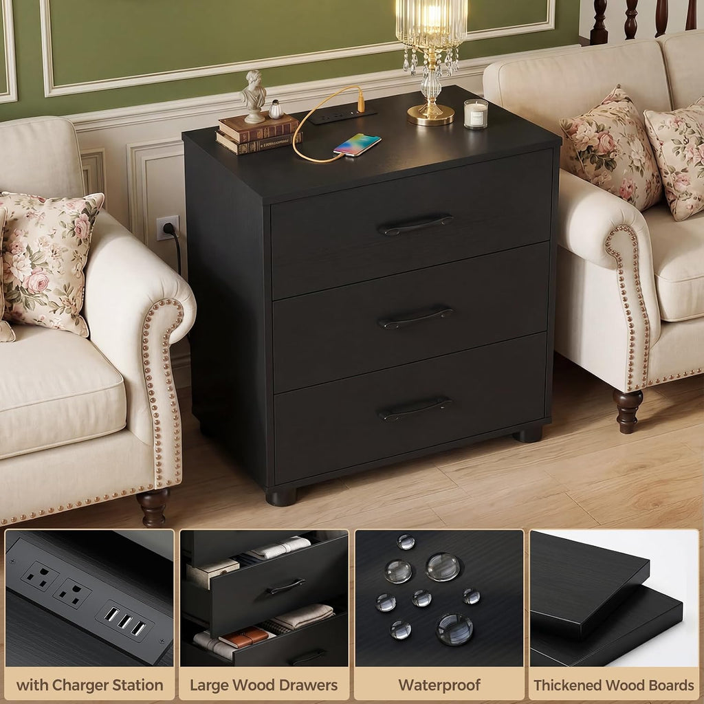 Aheaplus Night Stand Set of 2 with Charger Station, 21.7'' Wider Nightstands with 3 Wooden Drawers, Large Tall Bedside Table, Modern End Side Table Set, Nightstand for Bedroom, Black