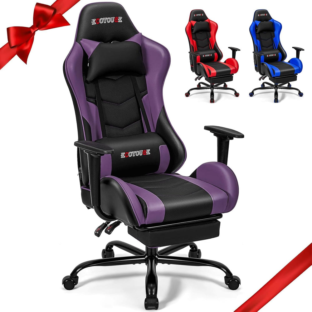 ECOTOUGE Violet Ergonomic PC Massage Gaming Chair with Footrest | Reclining R...