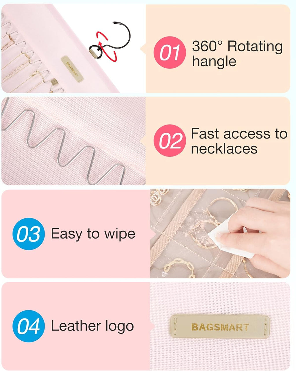 BAGSMART Hanging Jewelry Organizer Storage Roll with Hanger Metal Hooks Double-Sided Jewelry Holder for Earrings, Necklaces, Rings on Closet, Wall, Door, 1 piece, Medium, Pink