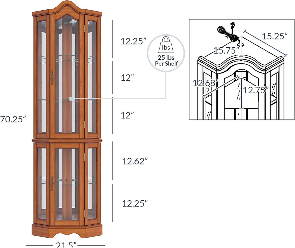 BELLEZE Lighted 3-Side Glass Display Curio Cabinet w/Tempered Glass Doors and...