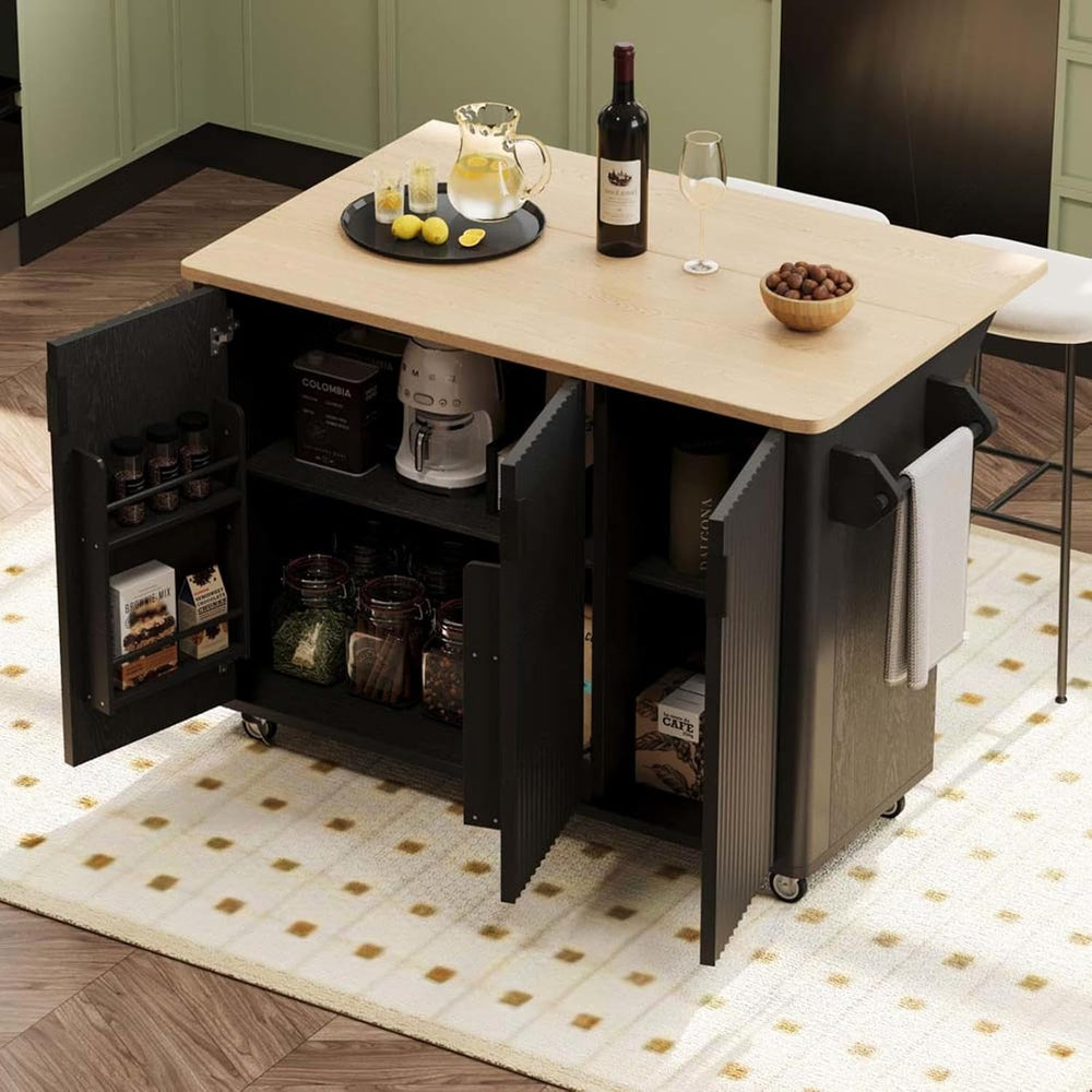 Movable Kitchen Island with Drop Leaf Countertop Height-Adjustable Shelves, K...