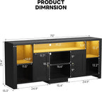 LIKIMIO 70" TV Stand for TVs up to 80", LED Entertainment Center, Black | Built-in Power Outlet, LED Lights, Wood Finish, 2 Storage Cabinets, Adjustable Shelves, TV Console for Living Room