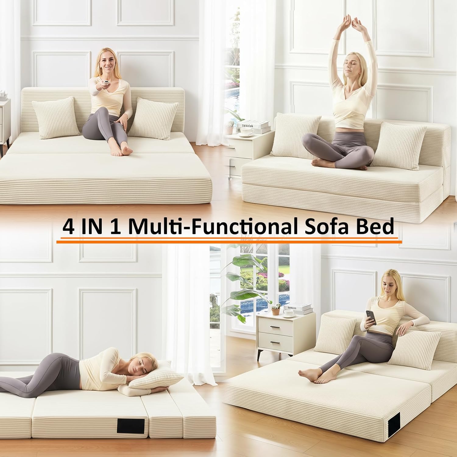 Single Size Folding Sofa Bed - 4 in 1 Convertible Sleeper Chair - High Density Memory Foam Futon Couch - Foldable Bed for Living Room Bedroom (Beige)