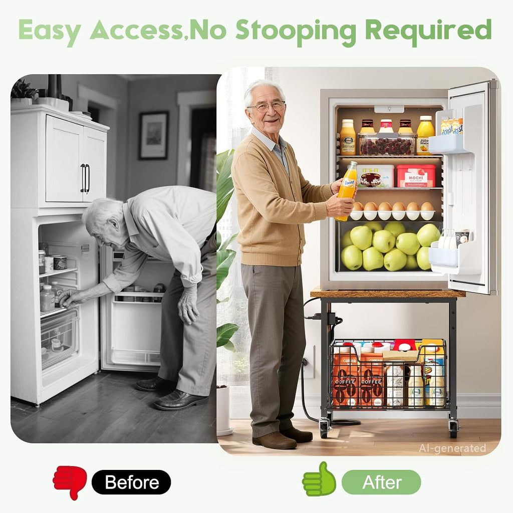 Hongtamoya Mini Fridge Stand with Storage and Power Outlet, Small Refrigerator Stand with Wheels, Mini Fridge Cart-Max Load 300 LBS Heavy Microwave Printer Stand Utility Cart for Dorm,Kitchen, Office