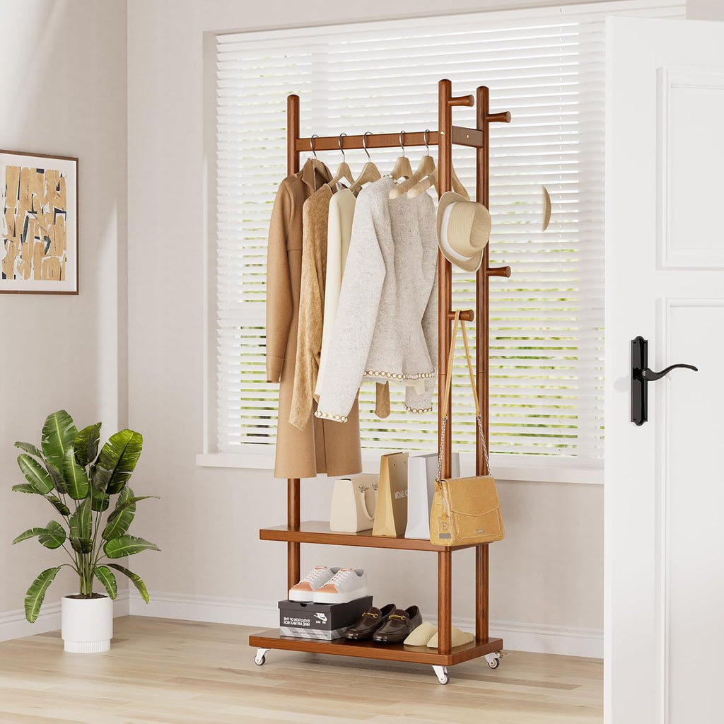 Coat Rack Freestanding Clothing Rack with Wheels, Coat Tree Freestanding Heavy Duty with 2 Storage Shelves and 5 Hooks, Wood Garment Rack for Corner Bedroom Hallway Entryway Living Room Hotel