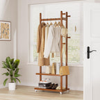 Coat Rack Freestanding Clothing Rack with Wheels, Coat Tree Freestanding Heavy Duty with 2 Storage Shelves and 5 Hooks, Wood Garment Rack for Corner Bedroom Hallway Entryway Living Room Hotel
