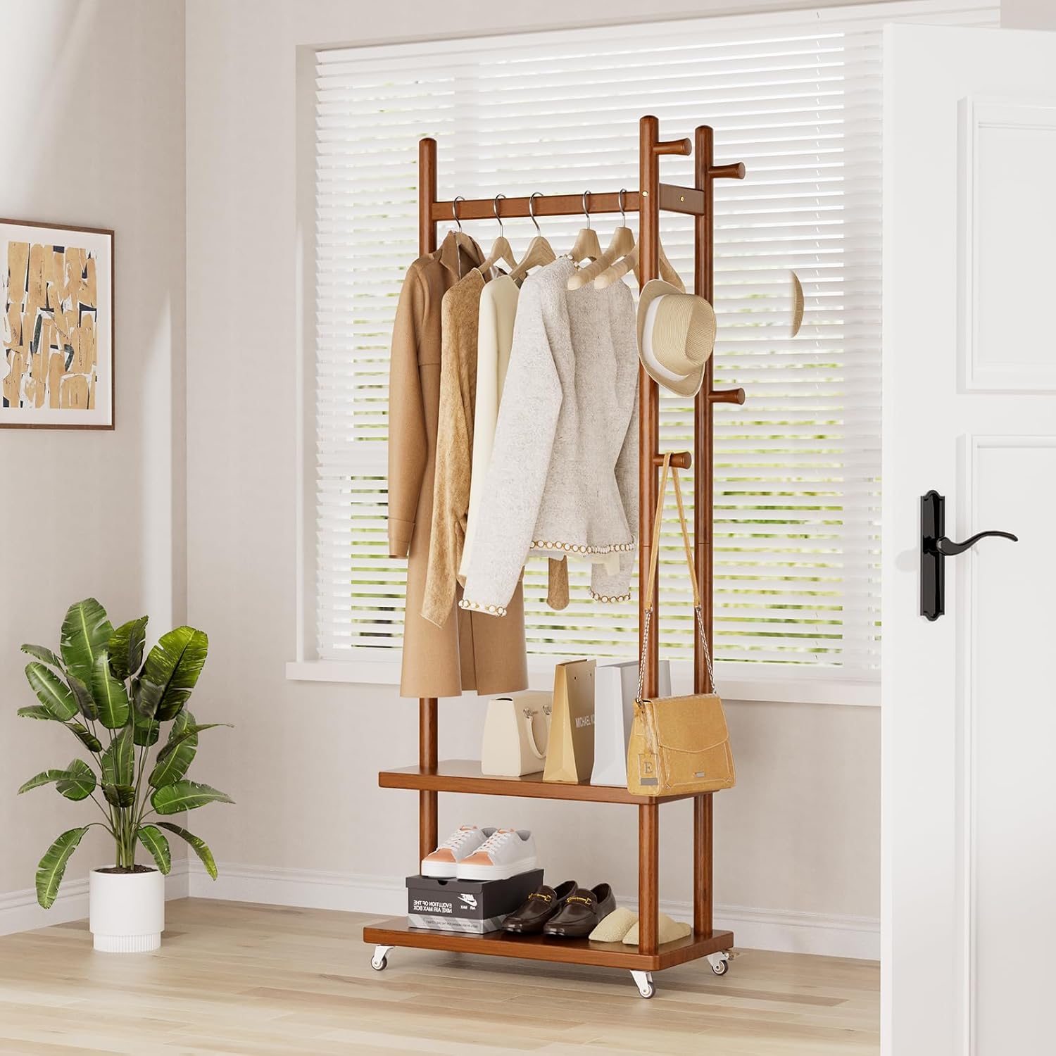 Coat Rack Freestanding Clothing Rack with Wheels, Coat Tree Freestanding Heavy Duty with 2 Storage Shelves and 5 Hooks, Wood Garment Rack for Corner Bedroom Hallway Entryway Living Room Hotel