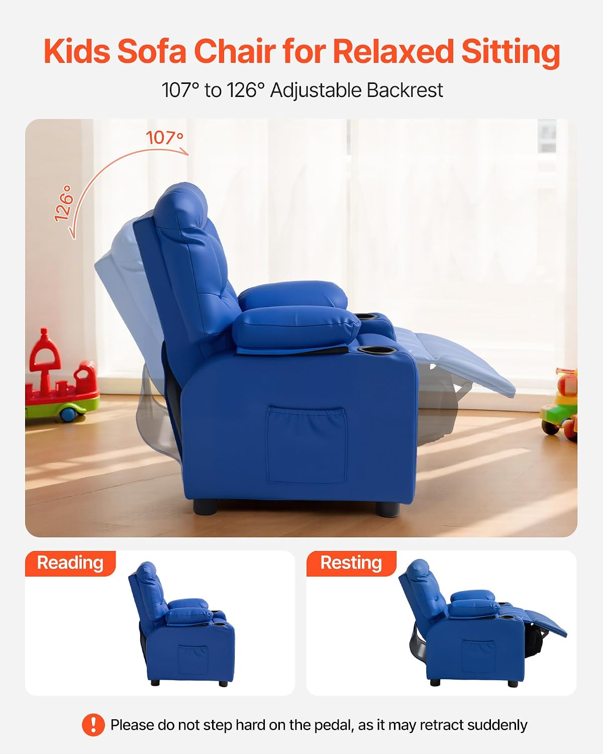 VEVOR Kids Reclining Chair, Toddler Recliner with 2 Cup Holders and 4 Pockets, 107° to 126° Adjustable Back, Easy-to-Clean PU Leather Recliner Couch with Footrest, for Boys, Girls & Children (Blue)