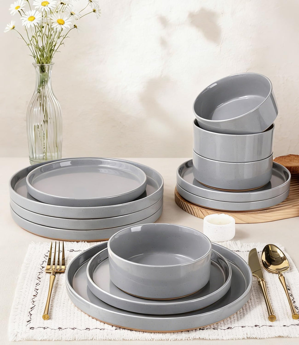 AmorArc Stoneware Dinnerware Sets for 4,12Pcs Plates and Bowls Set