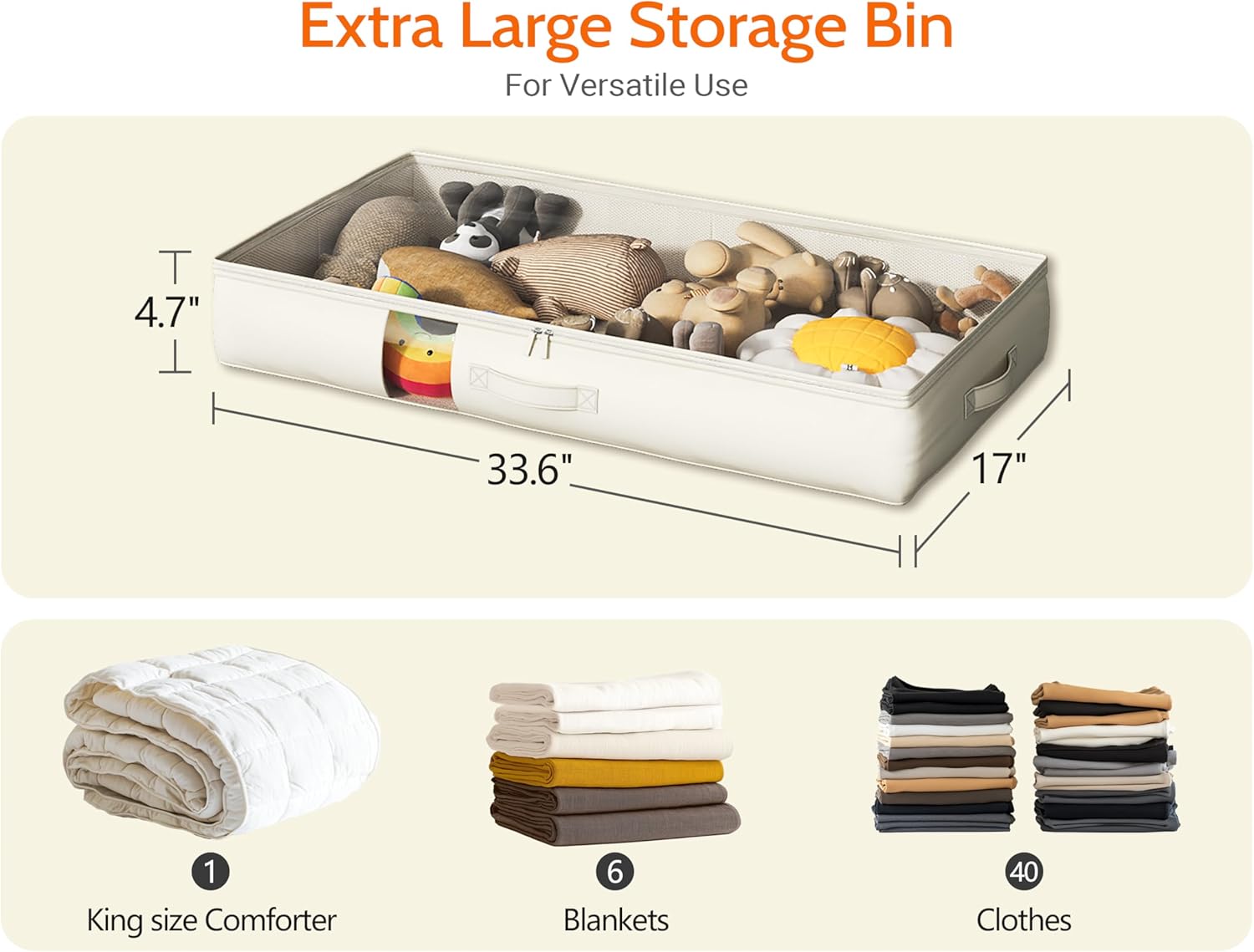 Under Bed Storage Containers with Window, Closet Organizers and Storage Bags, Foldable Underbed Storage Bags for Blankets, Clothing, Comforter, Linen Sheets, Wrapping Paper, 2 Pack, White Ivory