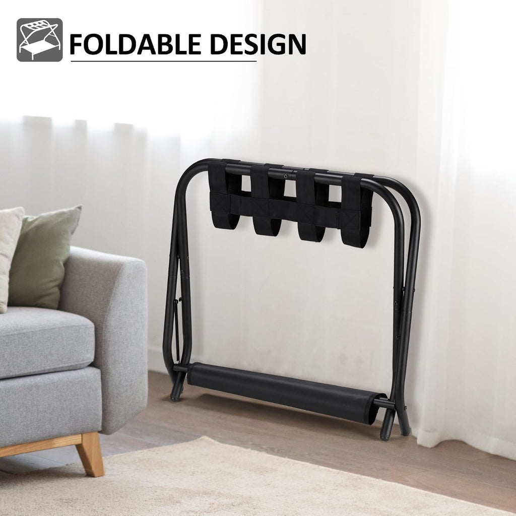 Luggage Rack Set of 2, Foldable Suitcase Stand with Fabric Storage Shelf Easy Assemble Metal Luggage Holder with Straps for Guest Room Bedroom Hotel, Black