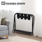 Luggage Rack Set of 2, Foldable Suitcase Stand with Fabric Storage Shelf Easy Assemble Metal Luggage Holder with Straps for Guest Room Bedroom Hotel, Black