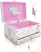 The Memory Building Co Ballerina Musical Jewelry Box Plays Classic Melody, Storage Organizer Music Box for Kids Ages 6-12, MDF Wood w/ 2 Fabric Lined Ring Bracelet Necklace Treasure Compartments