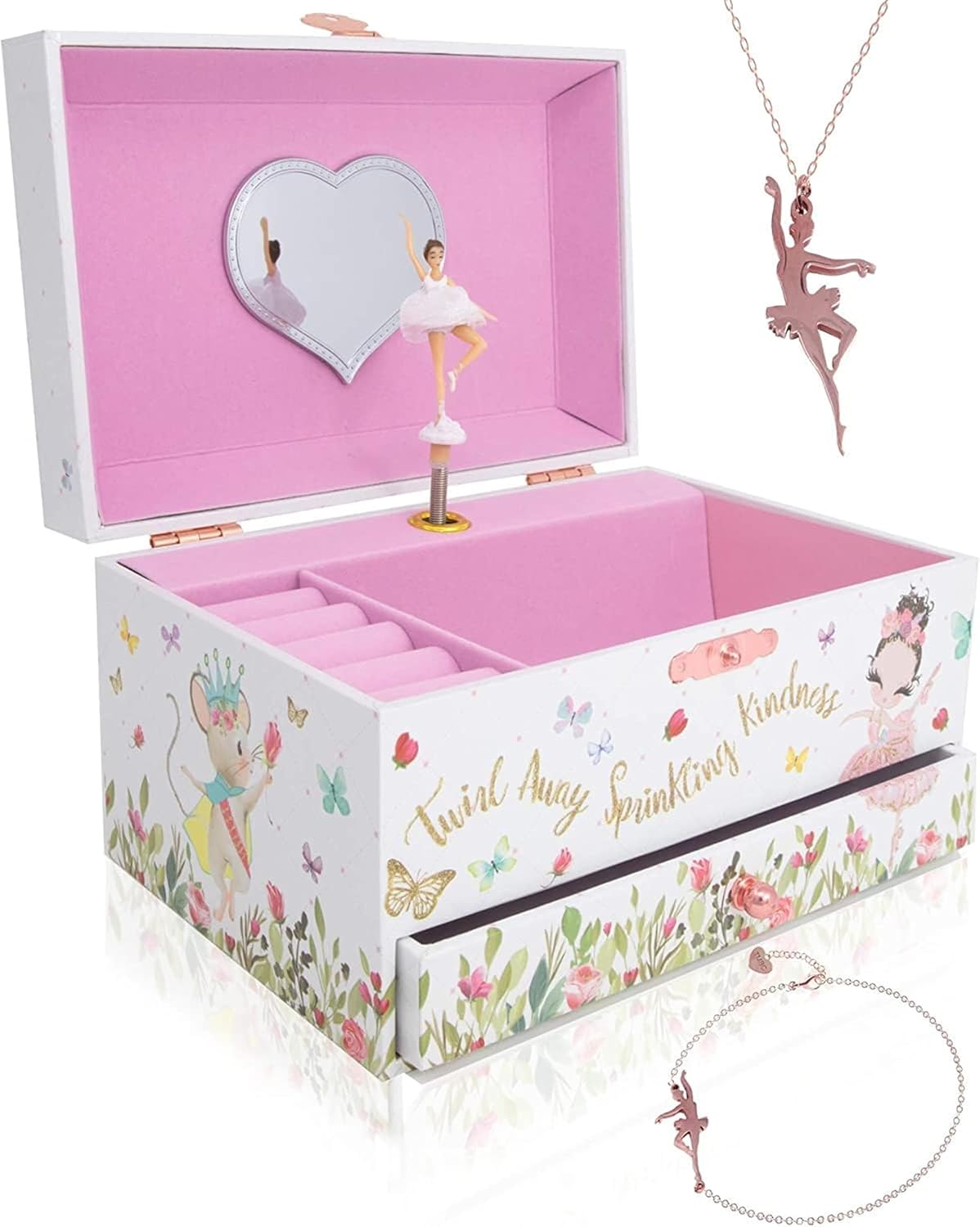 The Memory Building Co Ballerina Musical Jewelry Box Plays Classic Melody, Storage Organizer Music Box for Kids Ages 6-12, MDF Wood w/ 2 Fabric Lined Ring Bracelet Necklace Treasure Compartments