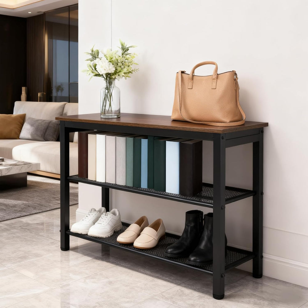 3-Tier Shoe Rack Bench, Industrial Shoe Organizer with Metal Mesh Shelves and...