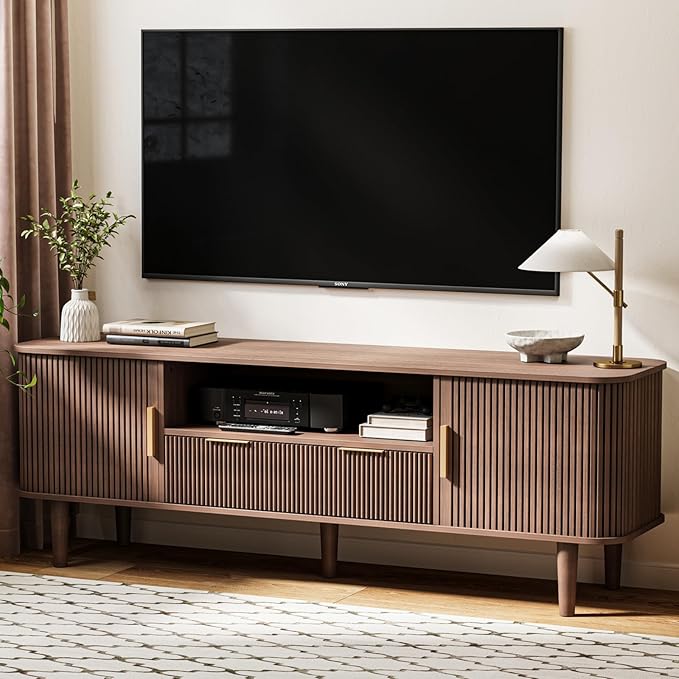 Fluted TV Stand, 62 Inch Mid Century Modern Media Console Table with Sliding Tambour Door Farmhouse Sideboard Buffet Cabinet Fits TVs up to 75 inch, Wood Entertainment Center for Living Room