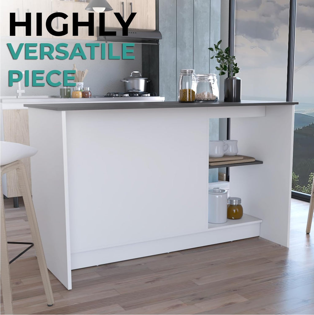 Tuhome Juniper Kitchen Island with Storage, 59in Wide Prep Top, 2-Door Cabinet with Interior Shelves and Dual Open Shelves, Engineered Wood, White/Light Oak