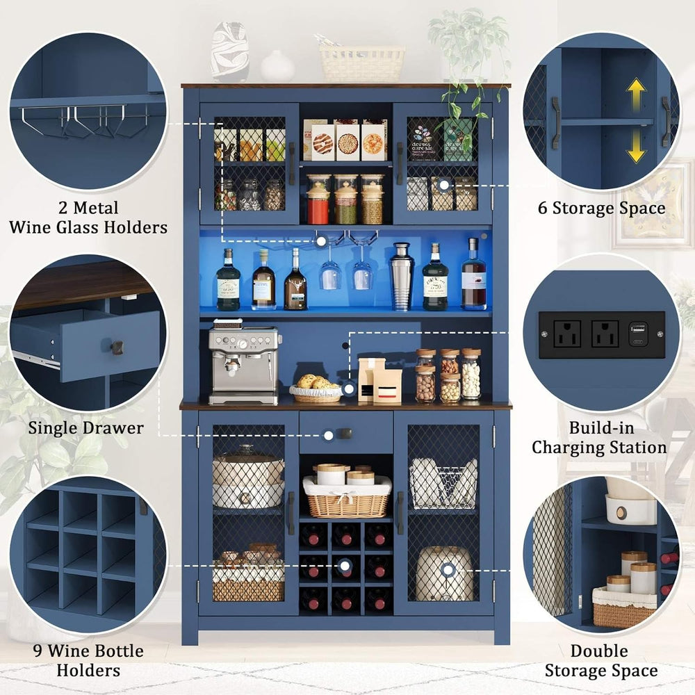 70.9" Kitchen Pantry Cabinet with LED Lights, Rustic Farmhouse Buffet Hu...