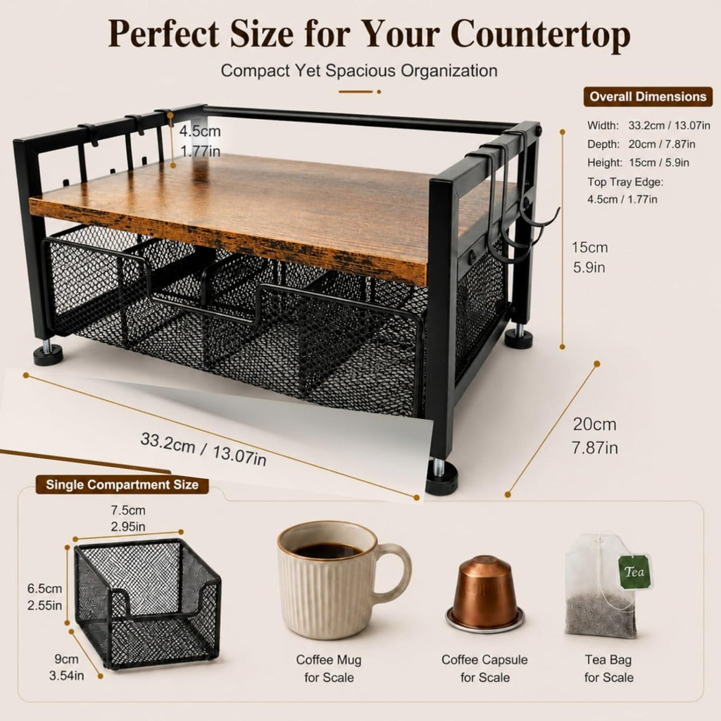 Tea Bag Organizer, Tea Bag Organizer Drawer, Wood Tea Organizers and Storage Chest Teabag Holder with Storage Drawer,Rustic Brown for Countertop Kitchen, Office