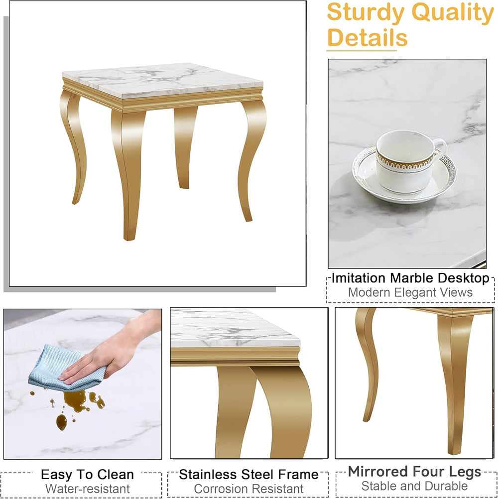 Marble End Table, Modern White Faux Marble Sofa Side Table with Gold Stainles...