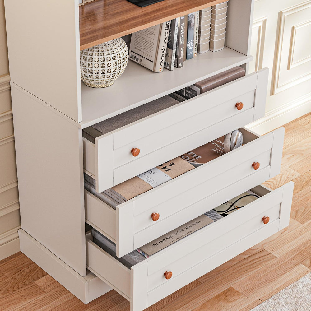 Vyre 71" Tall Farmhouse Bookshelves with Glass Doors and Drawers,Large M...
