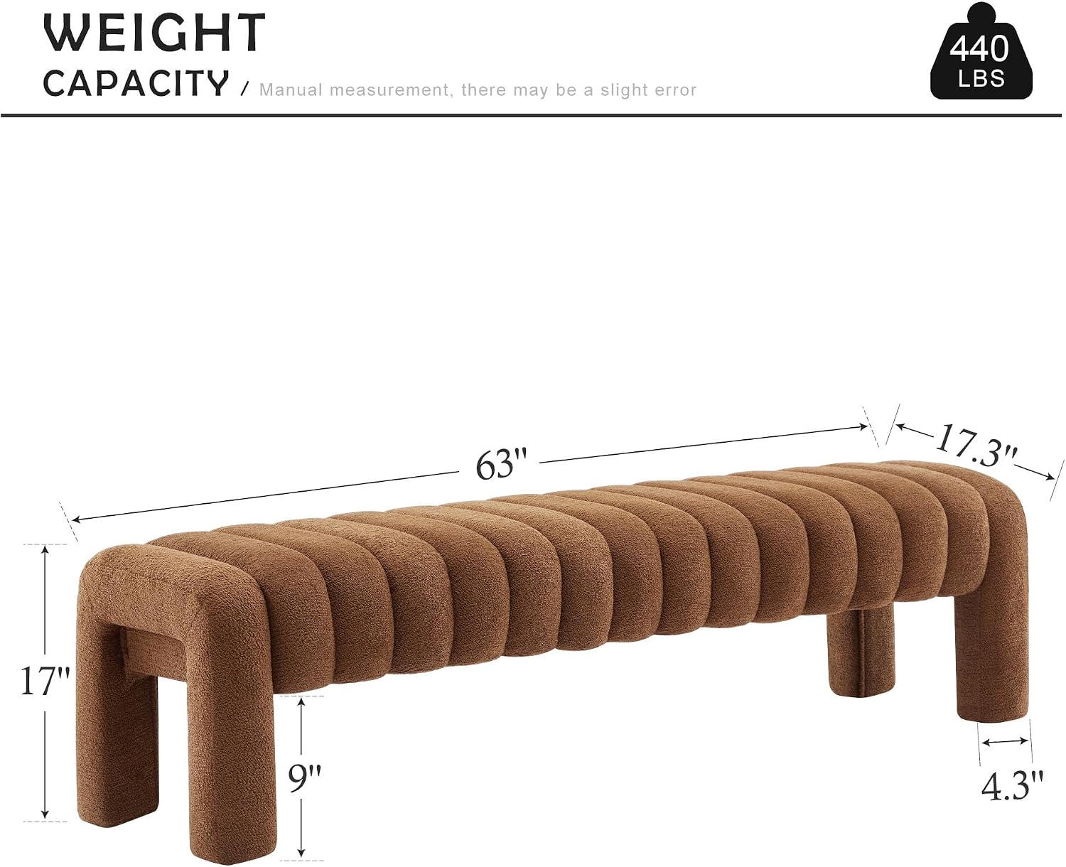 63" Bedroom Bench, Upholstered Entryway Bench, Modern End of Bed Ottoman with Solid Wood Legs and Adjustable Foot Pegs for Entryway, Dining Room and Living Room (Rust Brown Boucle)