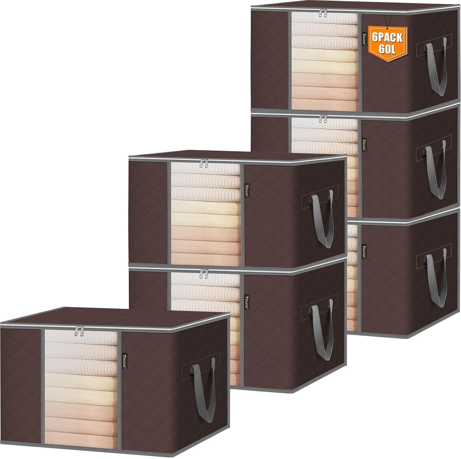 BALEINE 6 Pack Clothes Storage Bags, 16 Gallon Storage Containers with Reinforced Handle, Sturdy Zipper, Closet Organizer for Blanket, Comforter, Pillow, Bedding (Brown, 6 Pack)