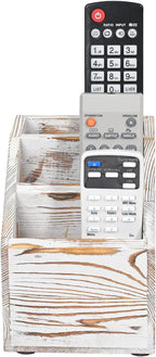 Wooden Remote Control Holder Organizer, 3 Compartment Storage Slots, TV Remote Holder for Table, TV Remote Media Remote Storage Box for Living Room (Vintage White)