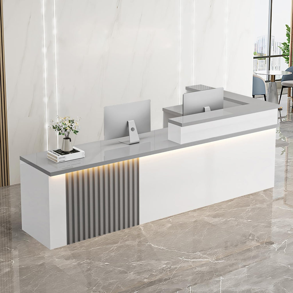 Receptionist Desk with LED Light，Wooden Salon Checkout Counter with Storage Drawer & Keyboard Tray Modern L-Shaped Reception Desk for Barbershop Office Company Store