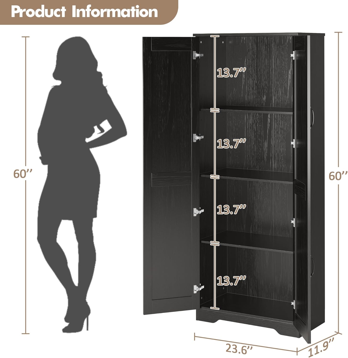 Tall Pantry Cabinet 60 Inch Kitchen Storage Cabinet with 2 Doors and Adjustable Shelves Freestanding Wooden Cupboard for Bathroom Dining Room Living Room Black Durable Design Space-Saving Organizer