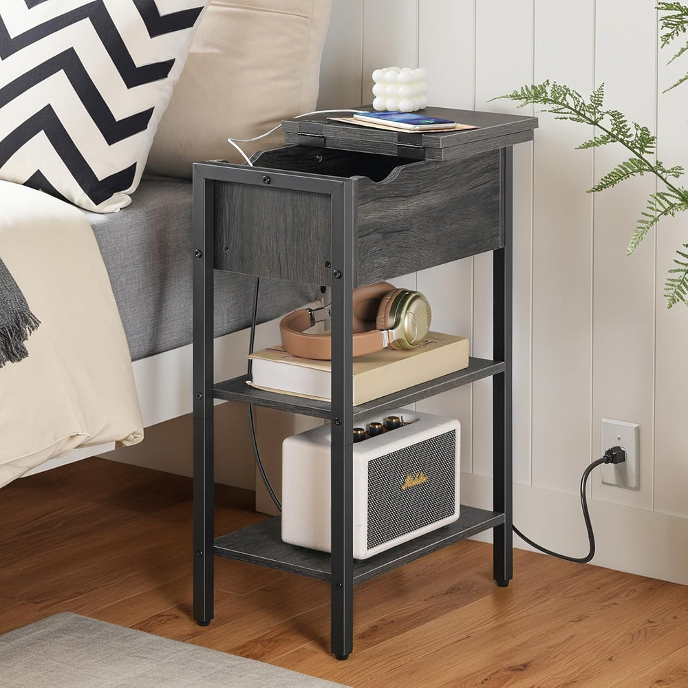 HOOBRO End Table with Charging Station, Narrow Side Table, Flip Top Nightstan...