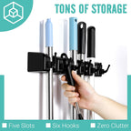 Broom and Mop Holder, Wall Mounted Organizer Mop and Broom Storage Tool Rack with 5 Ball Slots and 6 Hooks (2Pack)