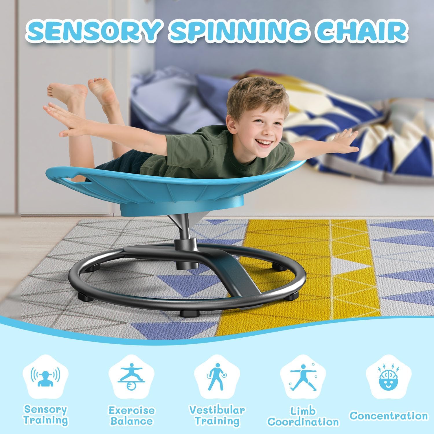 Spinning Chair for Autistic Kids - Sensory Spinning Chair with Safety Handle & Non-Slip Design Sensory Toys for Kids with Autism(Blue)
