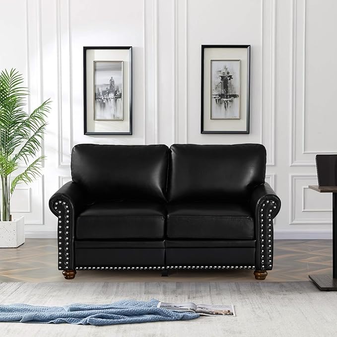 2 Piece Faux Leather Sofa Set,Modern Chair and Loveseat Sets with Storage,Mid Century Couch with Rivet Rolled Arm,Comfy Deep Seat Sofa,Furniture for Living Room,Office(Armchair+Loveseat,Black)