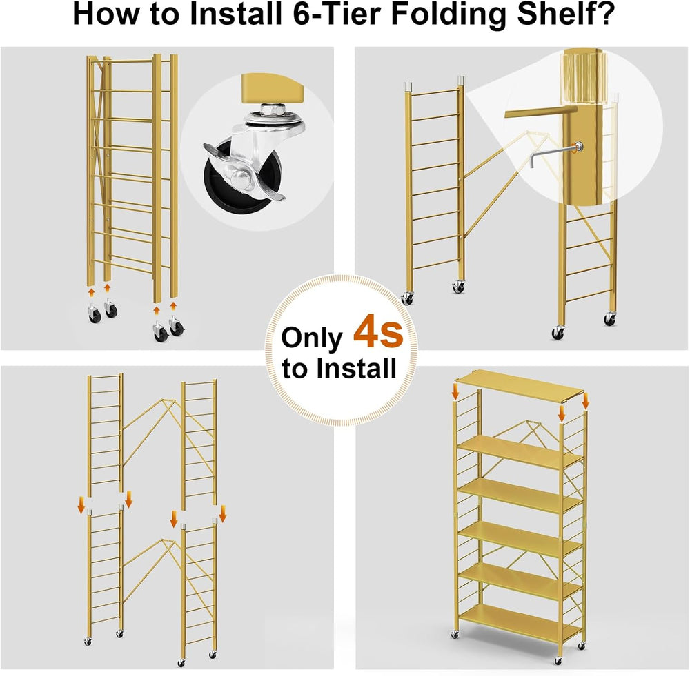 6-Tier Foldable Storage Shelves Expandable Shelf Wheels Gold 2-in-1