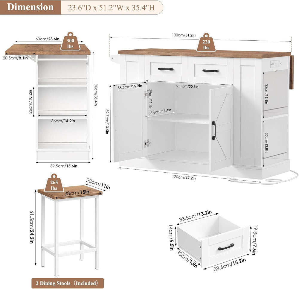 Keyluv Kitchen Storage Island with 2 Stools, 51.2” Mobile Kitchen Cart with D...