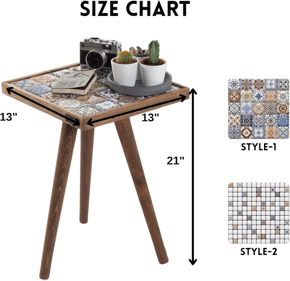 Mexican Tile Mosaic Side Table, Walnut Color Square Ceramic Accent Table with...