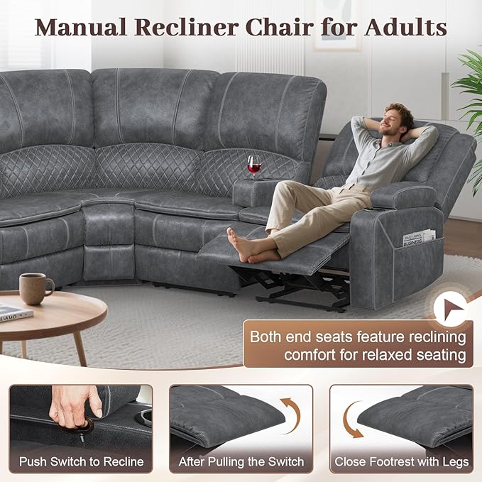 Manual Reclining Sectional Sofa Set, 5 Seats Soft Dutch Velvet Recliner Corner Sectional Couch, Family-Sized L-Shaped Recliner Couch with USB Charging, Thickened Padding, Sturdy Frame, Grey