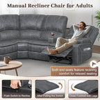 Manual Reclining Sectional Sofa Set, 5 Seats Soft Dutch Velvet Recliner Corner Sectional Couch, Family-Sized L-Shaped Recliner Couch with USB Charging, Thickened Padding, Sturdy Frame, Grey