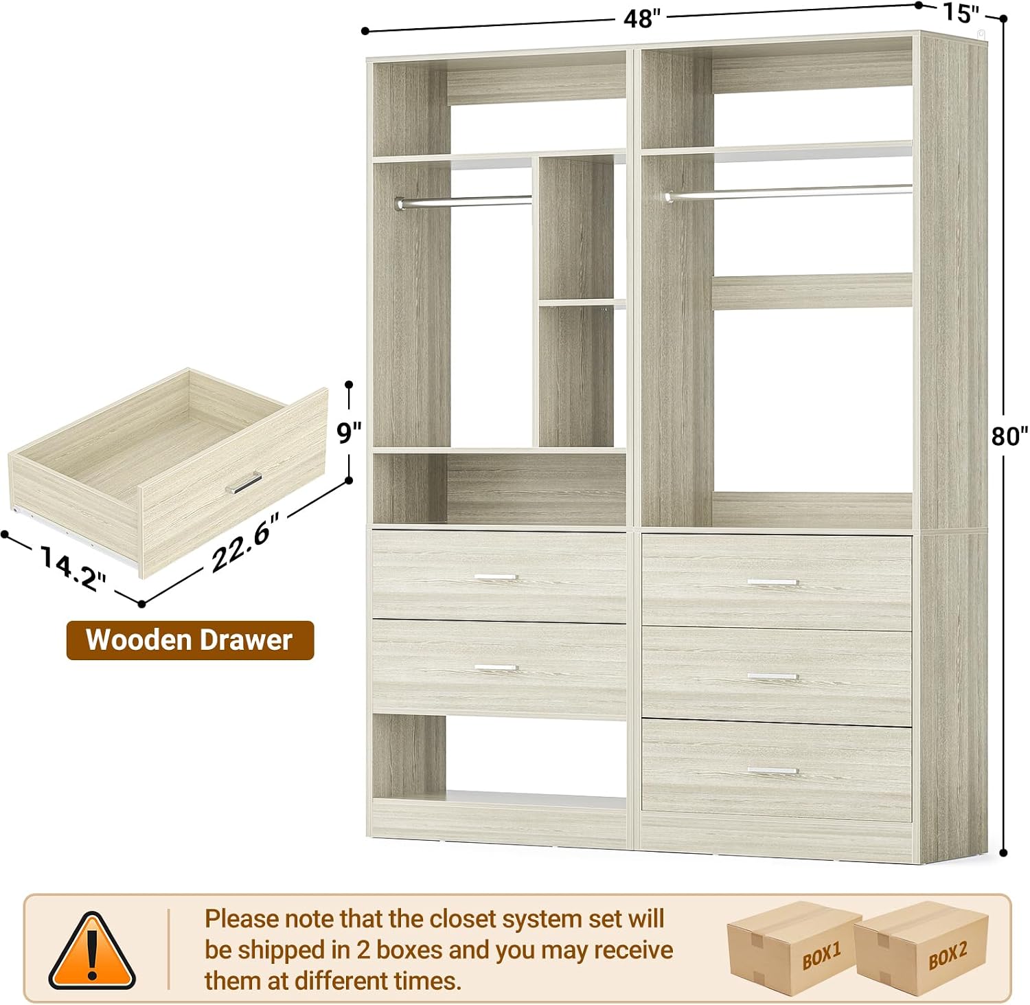 Besiost 4FT Closet Systems with 5 Drawers, 48" Closet Organizer System | Wood Closet Organizer with 2 Hanging Rods & 7 Shelves, Heavy Duty 48" Walk-in Closet, White Oak (48"L x 15" W x 80" H)