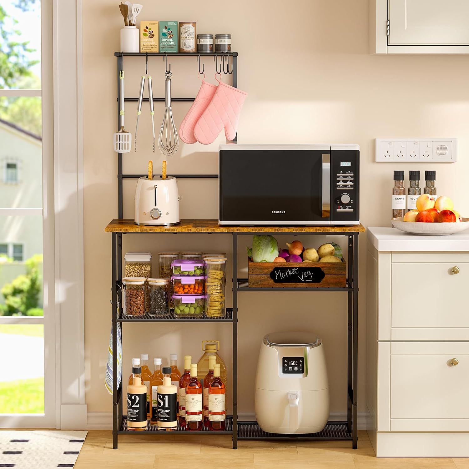 3IngSeagulls Baker's Rack for Kitchen with Storage, Microwave Stand with Adjustable Shelves and 10 S Hooks, 6-Tier Coffee Bar Station, Kitchen Shelves for Spices, Pots, Rustic Brown
