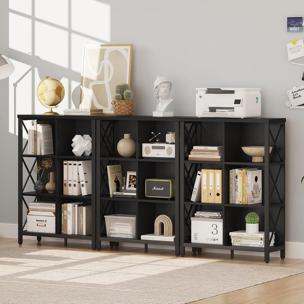 6 Cube Storage Organizer with Storage, 41.54 Inch Hight Modern 4-Tier Bookshelf with X-Shaped Metal Frame, Black Wood Bookcase for Living Room, Home Office, Bedroom, Easy Assembly
