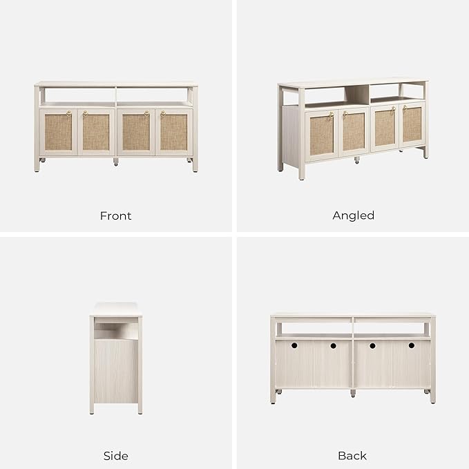 SICOTAS Rattan TV Stand for Television up to 65 Inch - 29.5" Tall Entertainment Center with Storage and Open Shelves,Boho Credenza TV Console Cabinet with 4-Doors and Adjustable Shelf for Living Room