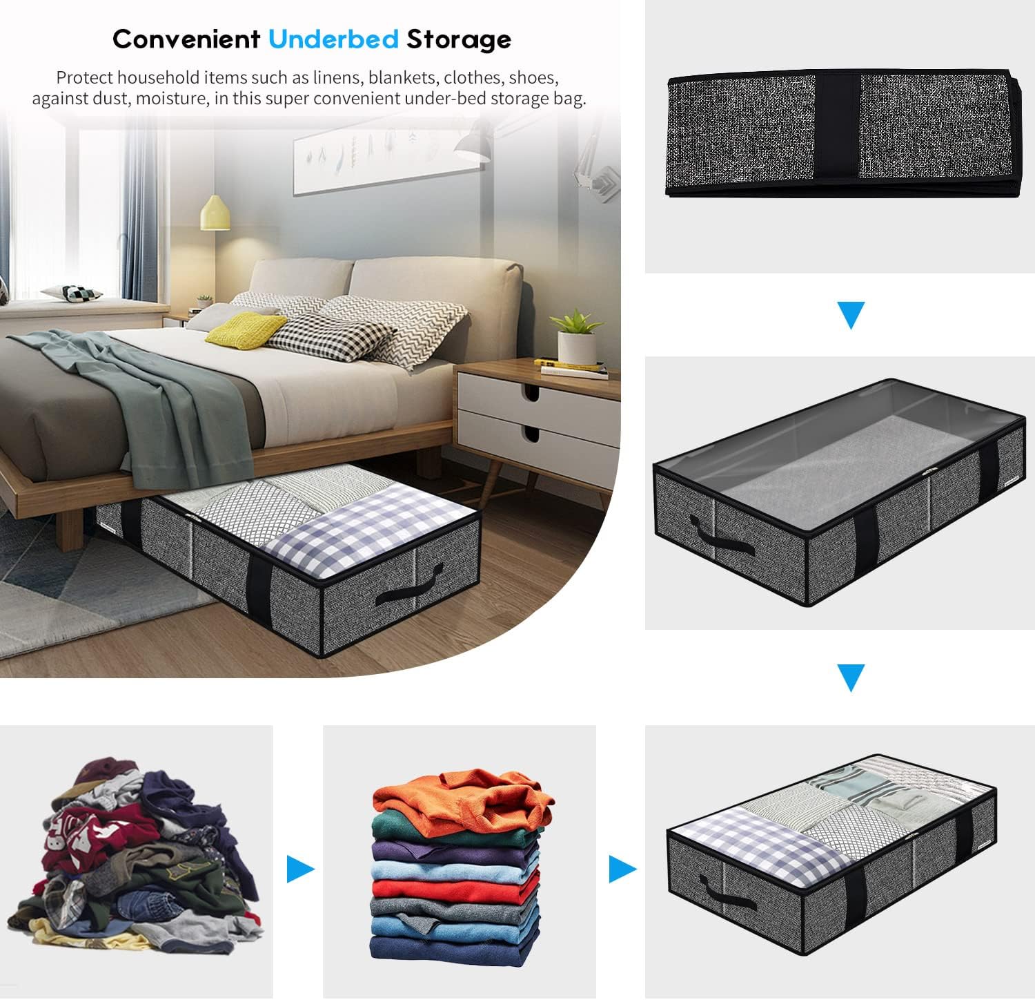 Onlyeasy Underbed Fabric Storage Bags Organizer with 4 Handles, 2 Zippers and Large Clear Window, for Clothes, Blankets, Bedding, Foldable with Sturdy Structure, 2 Pack, Linen-like Black, MXAUBBSS2P