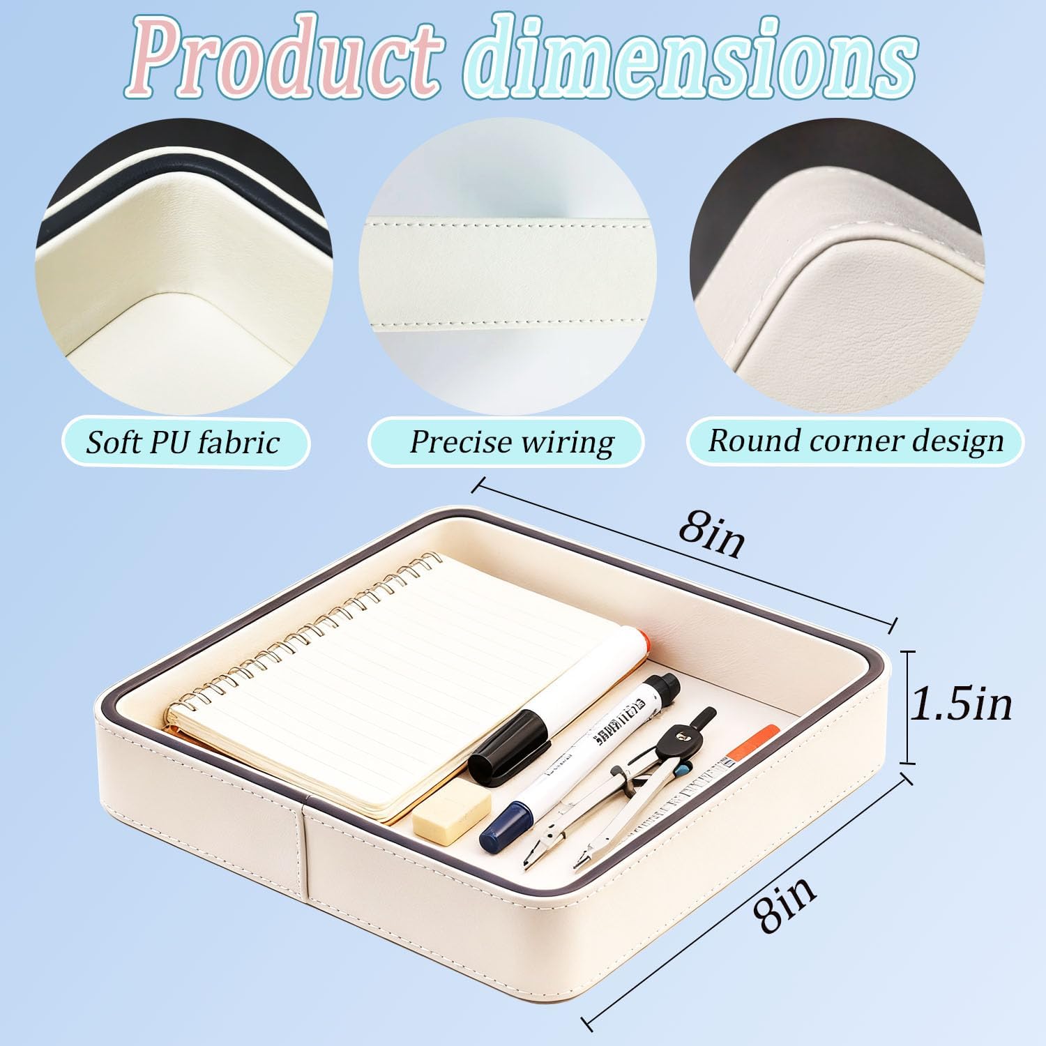 Faux Leather Square Vanity Tray 8x8x1.5 Inch, Decorative Makeup Jewelry Organizer for Dresser Bathroom Vanity Counter, Elegant Storage Tray for Perfume Skincare Cosmetics