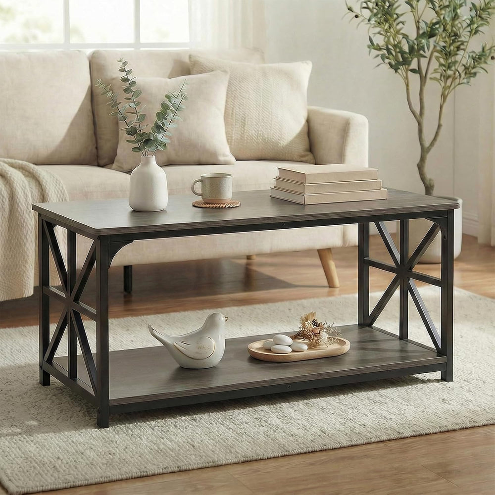 GOFLAME 2-Tier Rectangular Coffee Table, Modern Center Table with Wooden Top,...